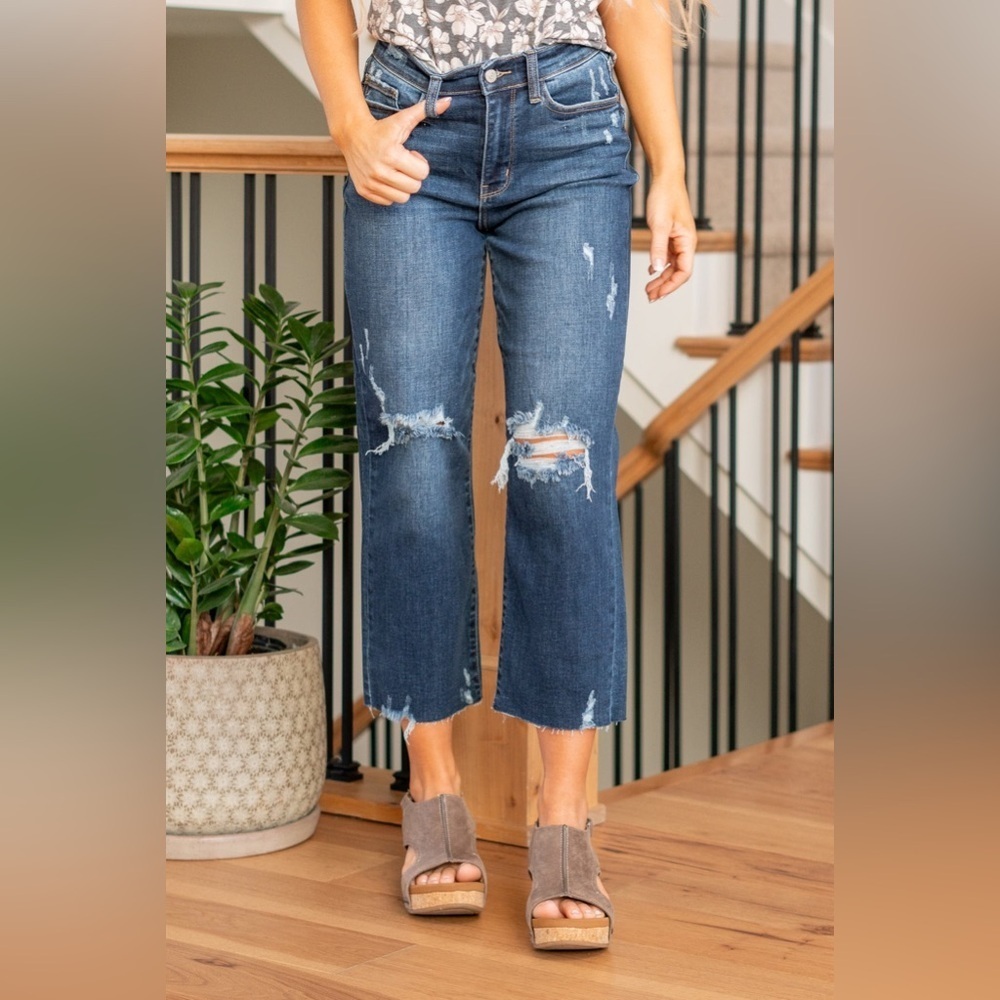 Judy Blue Albany High Rise Distressed Cropped Wide Leg Jeans Size 5/27 JB82593